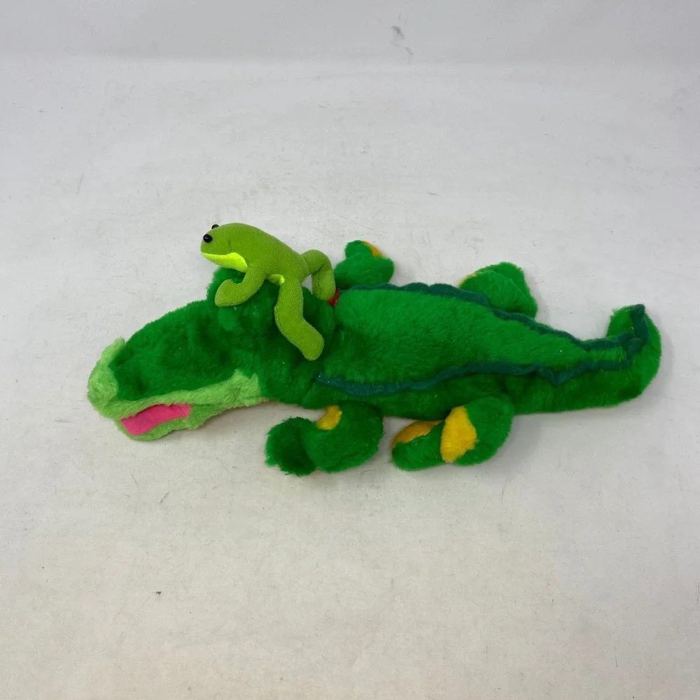 Vintage 1996 Nanco Alligator with Frog Plush Stuffed Animal Green Yellow 14 inch